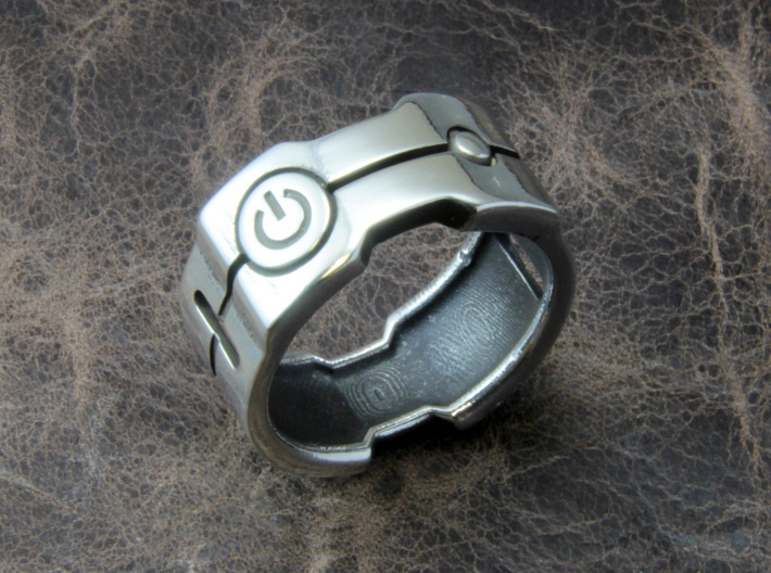 Power icon Ring 3d printed This material is Polished Silver , Patinated with bleach