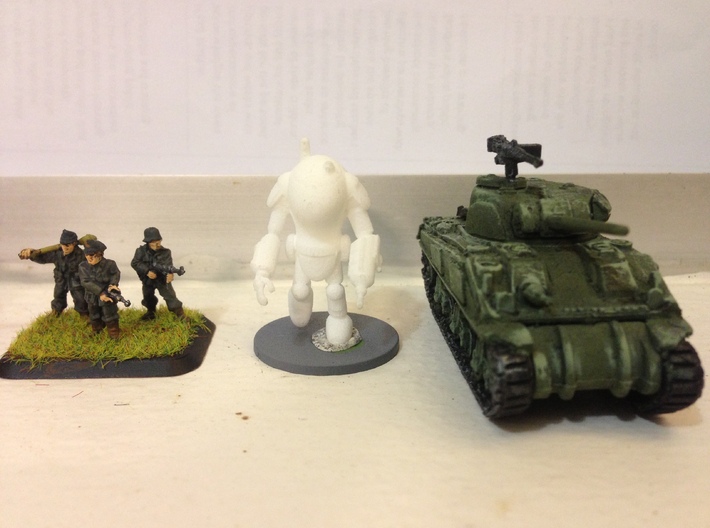 PanzerAnzug &quot;WWII&quot; German Power Armour for 15mm 3d printed Seen next to Flames of war 15mm German troops and U.S. Sherman tank