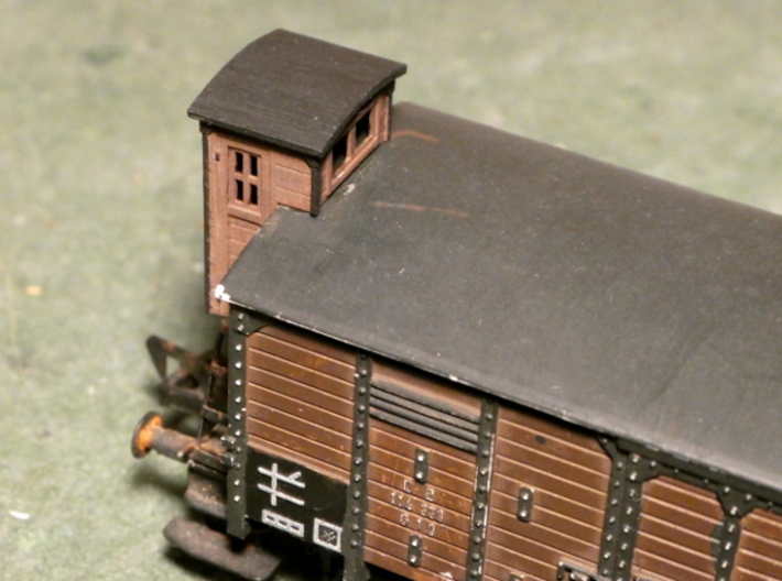 HO Brakeman's Cab Replacement Set 3d printed The "large" cab slightly overhangs the roof of the van.