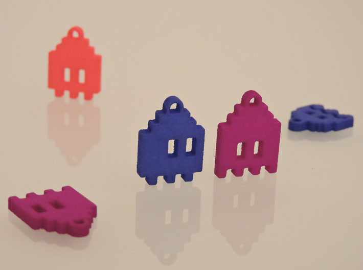 Pac Man Ghost 8-bit Earring 1 (looks L/R) 3d printed Blue Strong & Flexible Polished