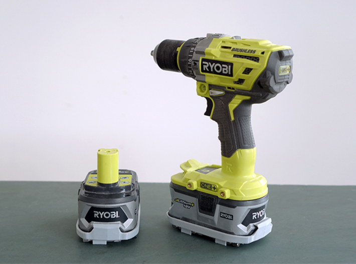 Ryobi Battery Attachment 1.0 3d printed on battery w/ drill