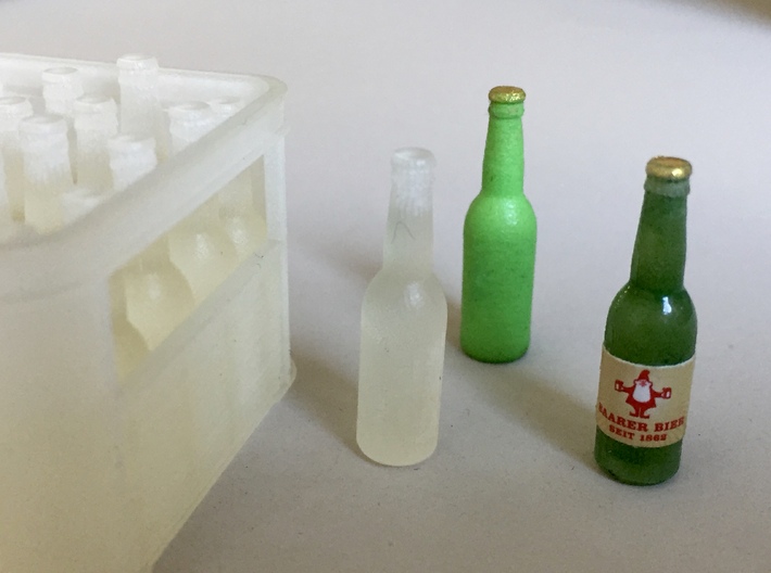 Beer Bottles (20 pieces), 1:12 3d printed 'Frosted' painted with Edding feltpen green and brown.