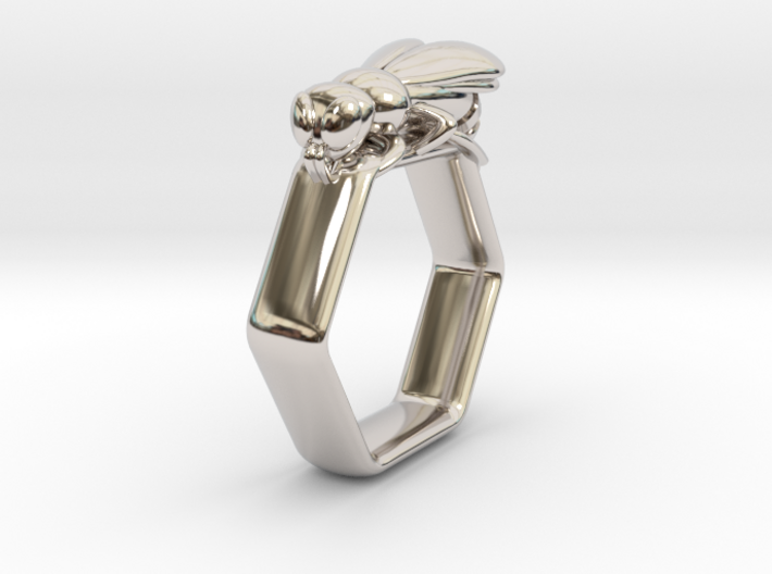 Hex Bee Ring US Size 9 (UK Size S) 3d printed The Rhodium Plated finish is more in keeping with modernist preferences.