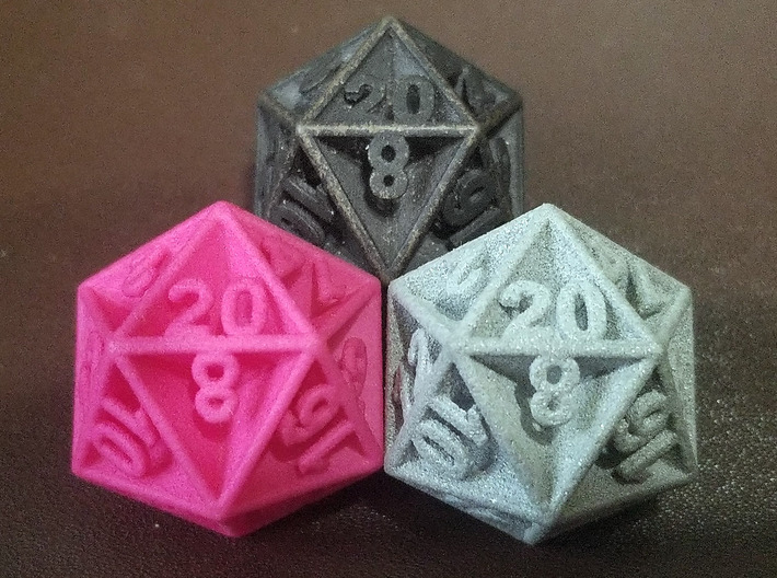 D20 - Plunged Sides 3d printed Printed In Steel And Pink & Grey Plastic