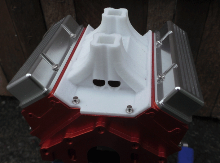 Tunnel Ram Base. Fits RC4WD V8 Engine. 3d printed Rear view. Attached to RC4WD V8 (not included)