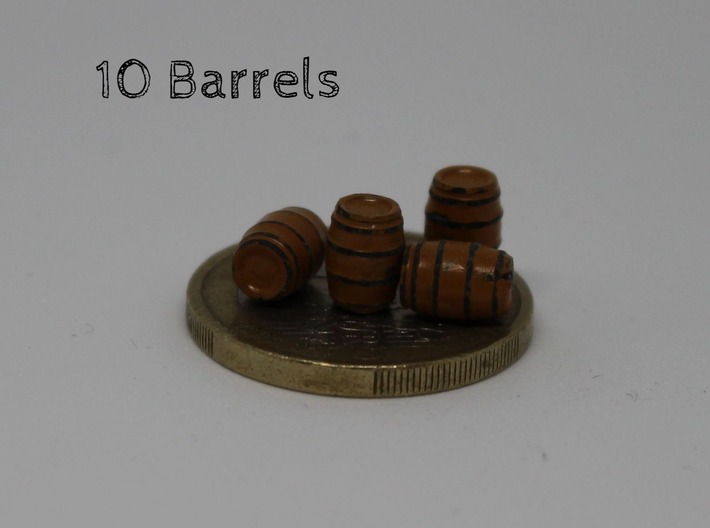 N Scale 10 Wooden Barrels 3d printed 4 painted barrels on a 1 Euro coin to show the scale