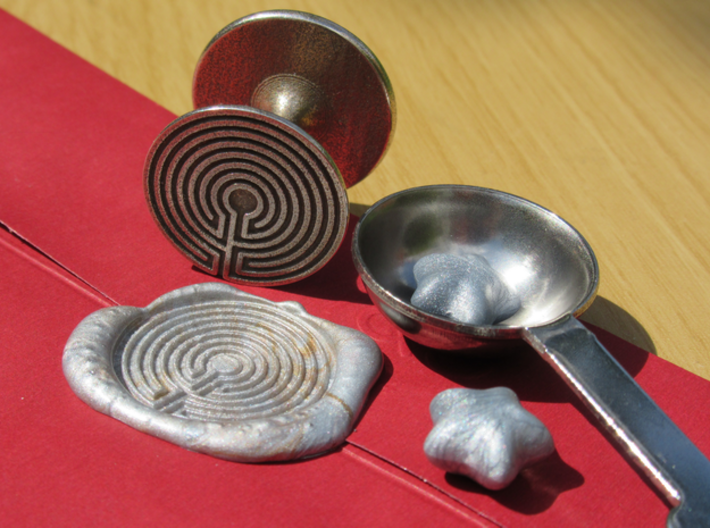 Labyrinth Wax Seal 3d printed silver wax, using the smaller reverse of the seal