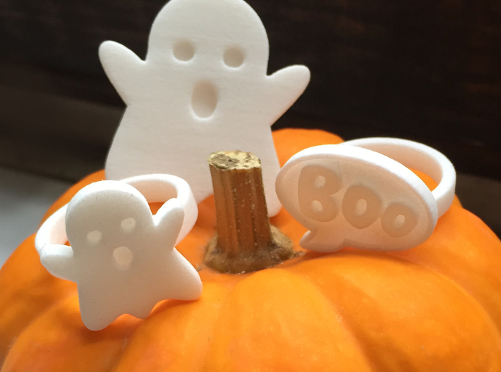 Boo Conversation Bubble Ring 3d printed Shown with Ghost and XL Ghost Rings