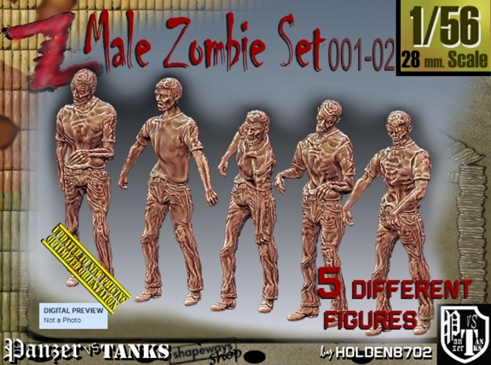 1/56 male zombie set001-02 3d printed