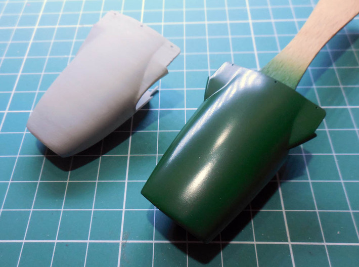 1/20th 1967 Lotus 49 nose cone 3d printed low resolution test print, compared with the original kit part