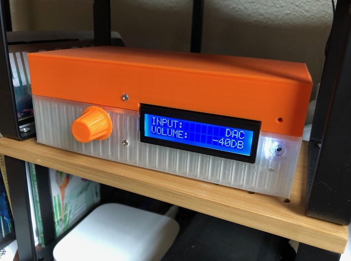 PGA2311 audio component project top case 3d printed Home print with orange top case and knob, white bottom case
