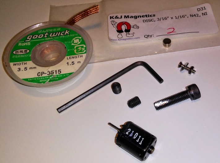 SL2-BW-Mk1 Tunable Mag HO Slot Car Chassis 4-pack 3d printed You'll need braid material, 10-32 or M5 set screws and matching bolt. And a mini machine screw to hold the front axle assembly and guide pin. The 3/16&quot; diameter x 3/32&quot; thick (or 1/16&quot; thick pictured here) can be purchased through K&amp;J Magnetics.