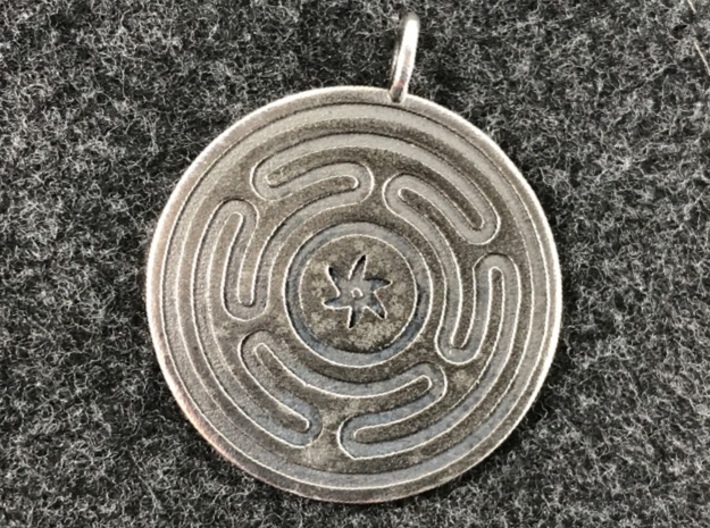Wheel of Hecate pendant 3d printed Truth in advertising: The antique silver version of this pendant is more tarnished than this picture suggests. When I look at it I want to apply a polishing cloth.  