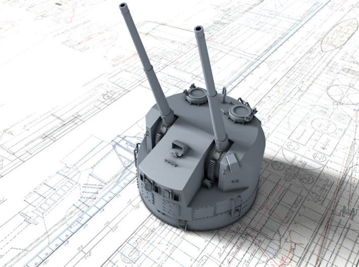 1/144 5.25"/50 (13.4 cm) QF Mark I Guns 1943 x4 3d printed 3D render showing adjustable Barrels