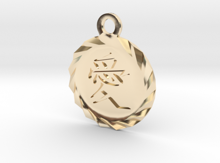 Kanji Love Pendant 3d printed 14K Gold Plated Brass Deep Engraved Kanji Love Pendant