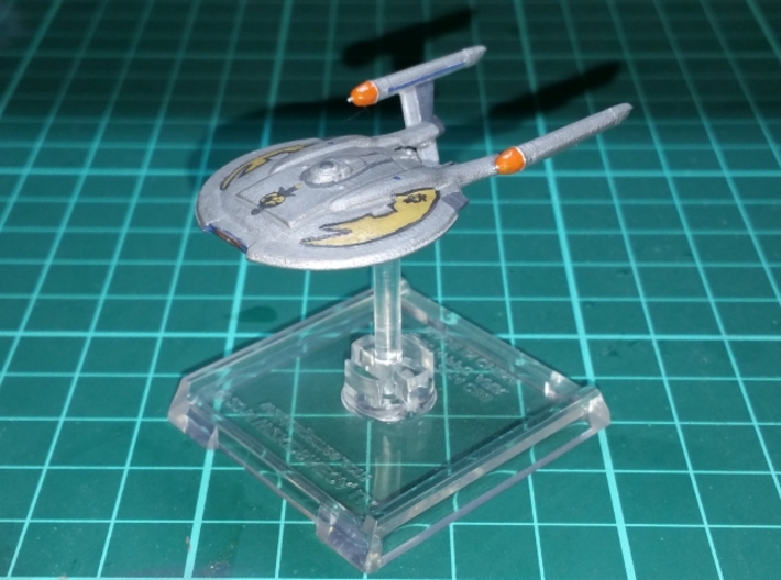 NX Class Refit 1/4400 Attack Wing 3d printed Smooth Fine Detail Plastic , painted as Mirror Universe Ship and mounted on a small Attack Wing base.