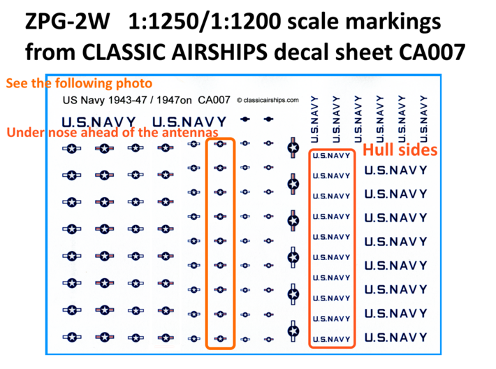 U.S. NAVY ZPG-2W "Nan Ship" 3-in-1 Kit 3d printed Model build notes 3 of 4, Decal Sheet CA007