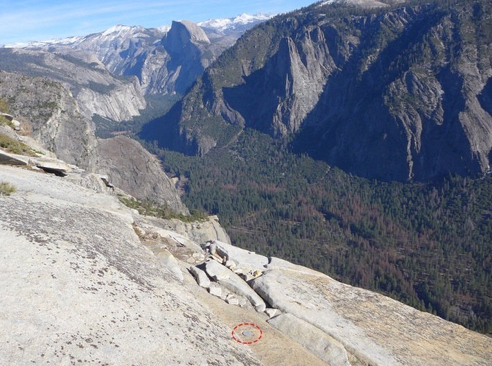 El Capitan - Yosemite National Park Keychain 3d printed View from the benchmark (circled at bottom center of photo). Just a few steps from the precipice! (I'm told)