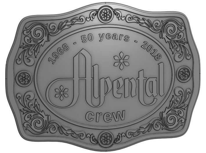 Alpental Crew Belt Buckle - no back text 3d printed Rendered model doesn't show what actual material will look like.