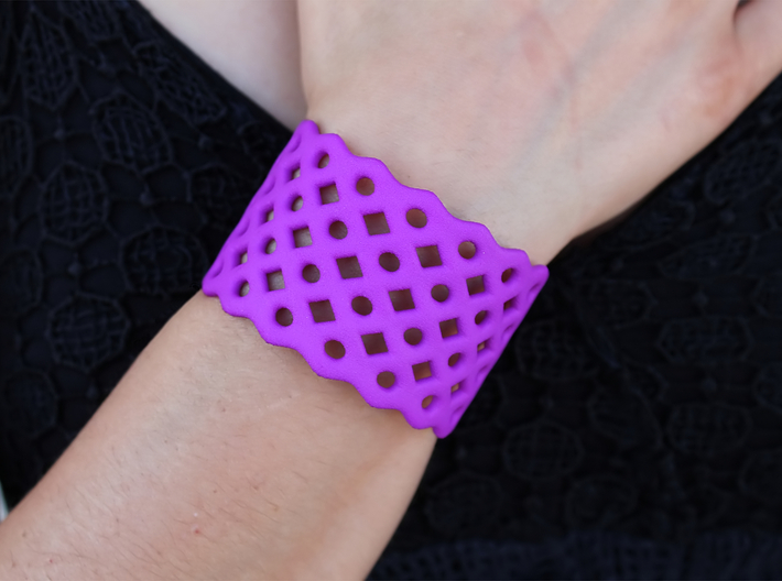 Circles & Squares Cuff (Size M) 3d printed Printed in Purple Polished Strong & Flexible Plastic