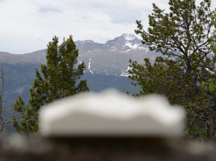 3'' Longs Peak, Colorado, USA, Sandstone 3d printed The real Longs Peak, seen from Trail Ridge Road, actual model in the foreground