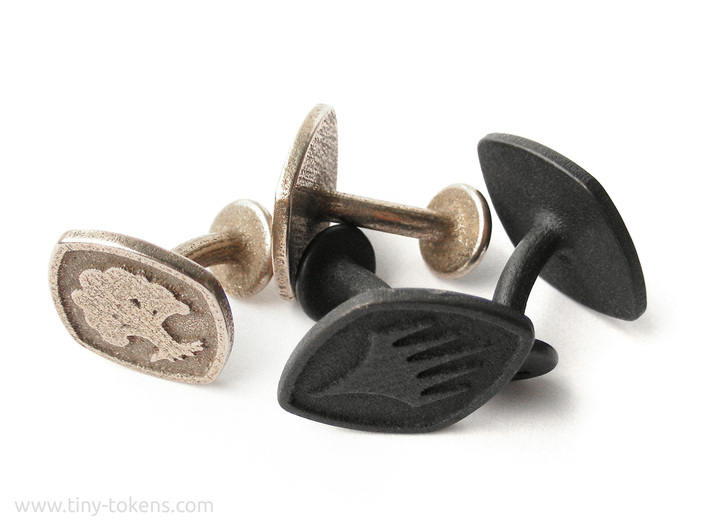 Cufflinks MTG Red Mana Symbol (Mountain) 3d printed Planeswalkes symbol in polished black and green  mana symbol in plain steel