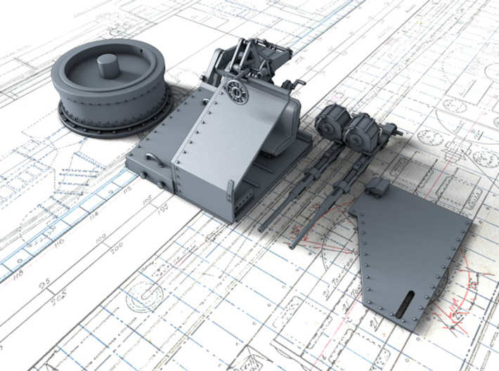 1/128 Twin 20mm Oerlikon Powered MKV Mount x4 3d printed 3d render showing product parts
