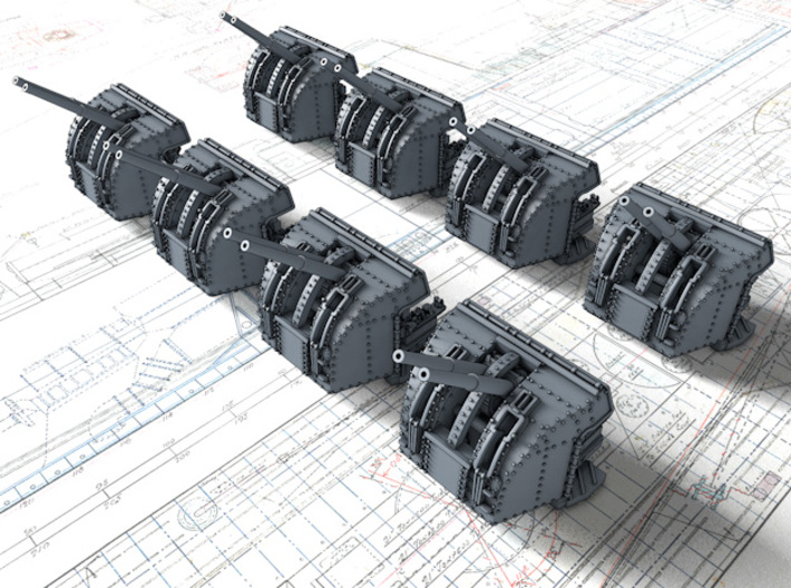 1/700 RN 4"/45 (10.2 cm) QF Mark XVI Guns x8 3d printed 3d render showing adjustable Barrels