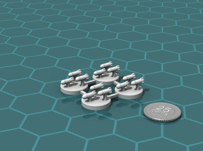 Torpedo Salvoes 3d printed Render of the model, with a virtual quarter for scale.