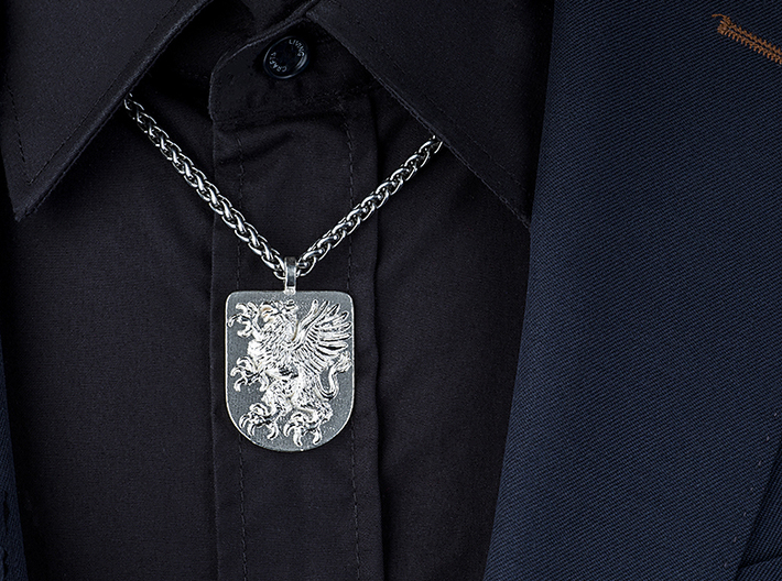 Griffin Gryphon Heraldic Crest Shield Pendant  3d printed Griffin Heraldic Coat of Arms Pendant Polished Silver 