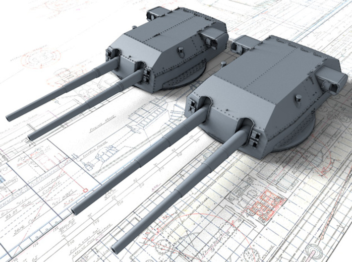 1/192 H Class 40.6cm (16") SK C/34 Guns Blast Bags 3d printed 3D render showing size comparison with 38cm Bismarck Class Turrets