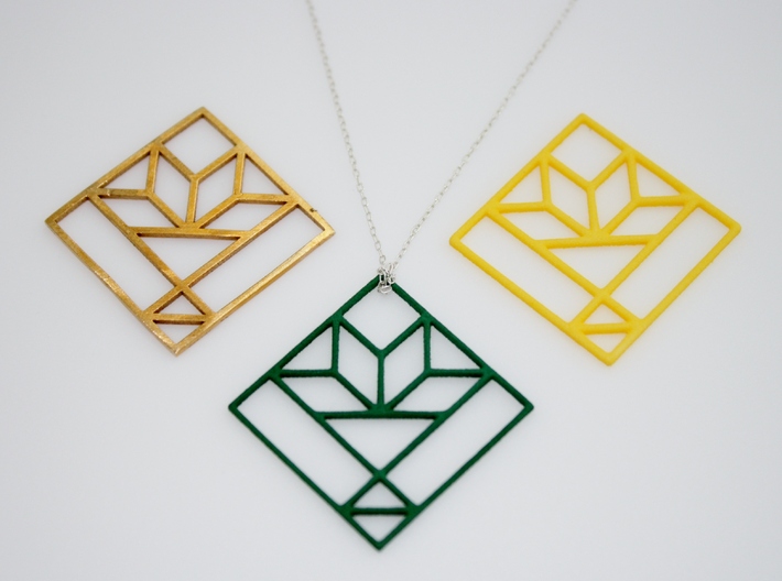 Cactus Basket Quilt Block Pendant 3d printed Raw Bronze, Green & White Strong/Flexible Plastic