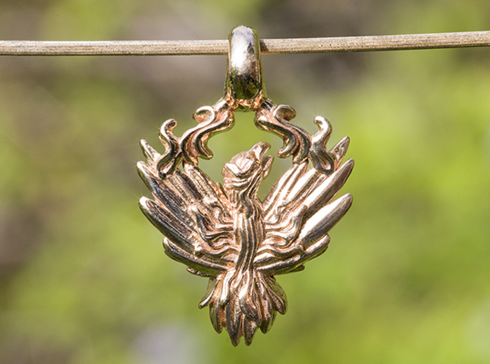 Burning Phoenix bird jewelry necklace pendant 3d printed Photo of Phoenix Bird Pendant in Polished Bronze  