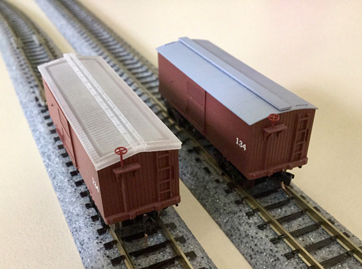 N-Scale Peaked Roof for MTL CWE Cars (Single) 3d printed visible boards, fascia and grab irons included