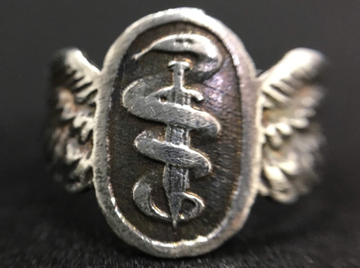 Good Omens Signet Ring 3d printed The sword and snake. This ring has a DIY-applied patina.