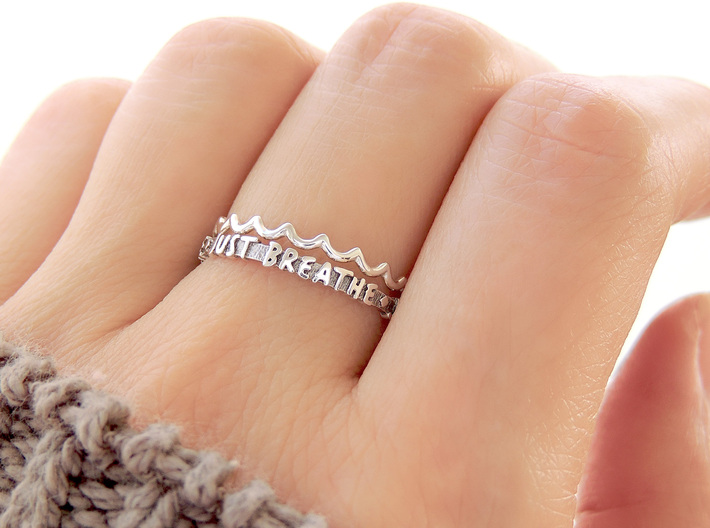 Dainty Water Ripple Ring (Multiple Sizes) 3d printed Water Ripple and ‘Just Breathe’ Rings Stacked