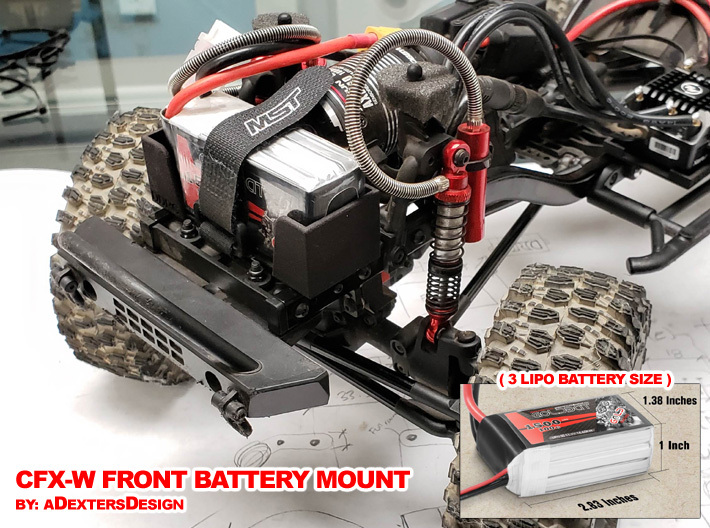Front LiPo Battery Mount for CFXW / CFX / CMX 3d printed V1 - Showing Mounted Battery up front