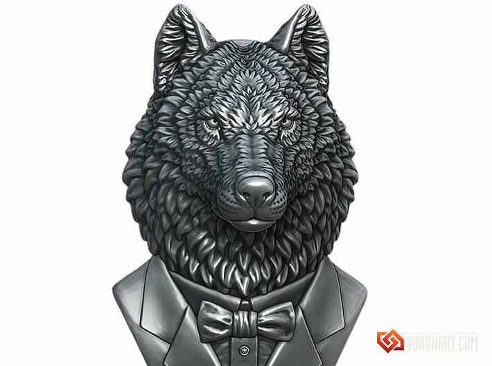 Wolf Gentleman Pendant 3d printed Antique silver. Digital preview. Not a photo