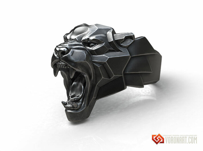 Roaring Black Panther wild cat ring 3d printed Antique silver. Digital preview. Not a photo