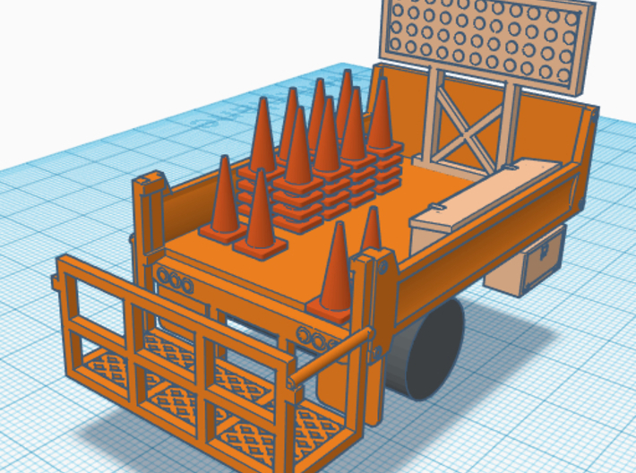 1/64th DOT safety cone, sign and toolboxes set 3d printed Shown with bed, available separately