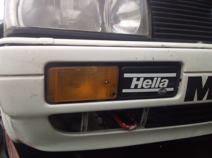 Audi 80/90/Coupe GT RH Foglight Infill Panel 3d printed Infill with decal applied fitted to rally car (right side shown)
