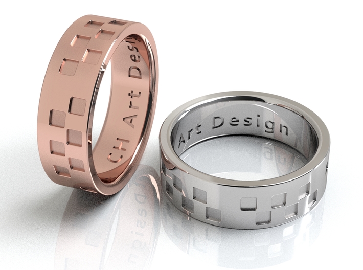 Checkered Ring 3d printed 14k Rose Gold and Polished Silver