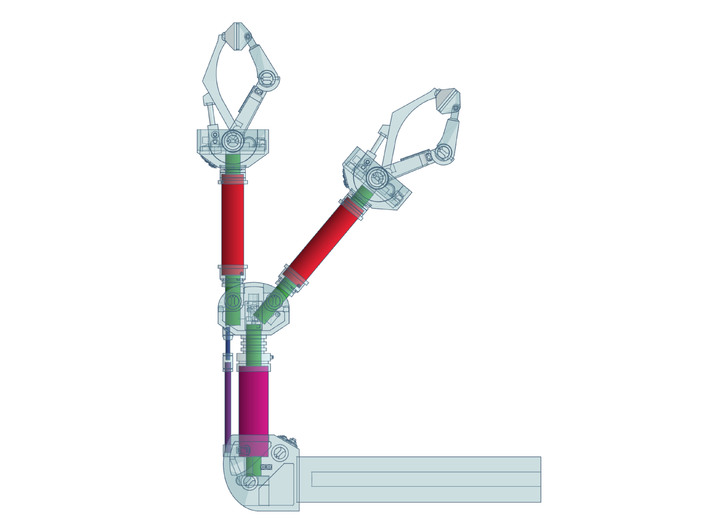 Moebius EVA Pod Arms, Version 2A 3d printed Red: 7mm tube. Magenta: 8mm tube. Green: 4mm rod. Purple: 1.5mm rod. Blue: 1mm rod.