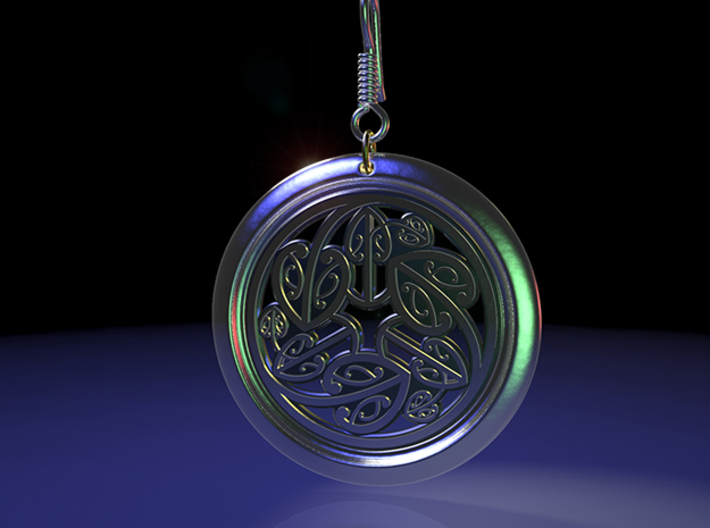 Hangarite Earring  ~ version 6 - 34.5mm 3d printed 3DS Max raytraced render simulating antique silver material