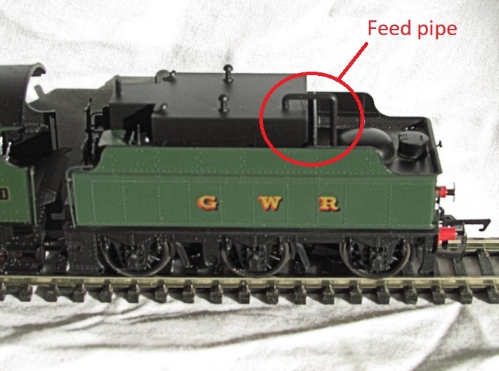 GWR 28XX &amp; 2884 Feed Pipe for Oil Burning Tender 3d printed Photograph of oil tank and separately supplied feed pipe fitted to the tender of a Hornby 28XX (loco/tender not supplied)