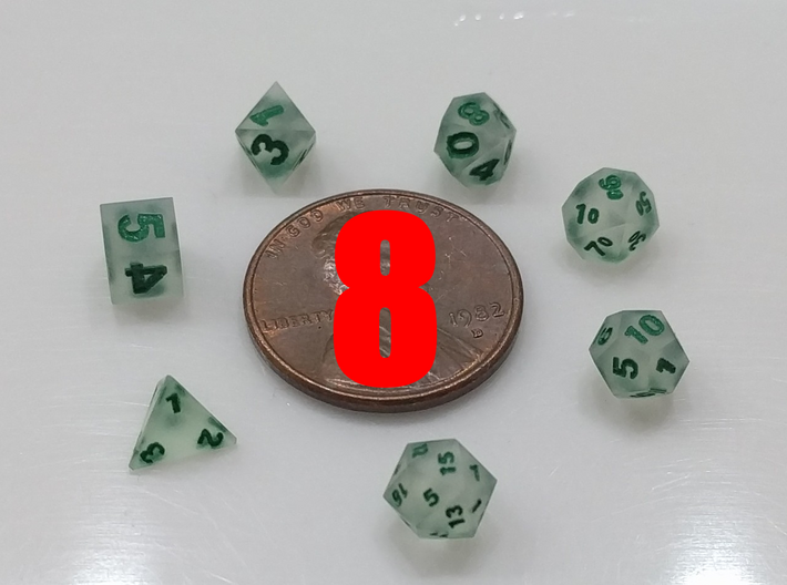 8x Super Tiny Polyhedral Dice Set, V4 3d printed Sanded and painted (v1 shown)