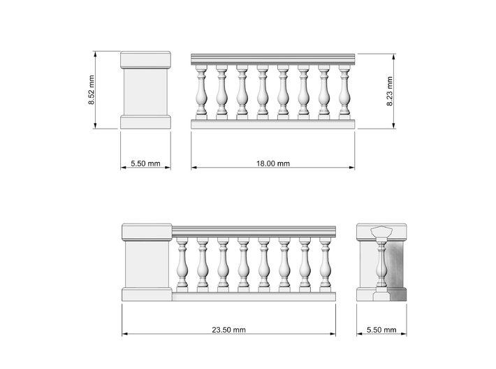 Custom Baluster 01. 1:87 Scale (HO) 3d printed Dimensions 