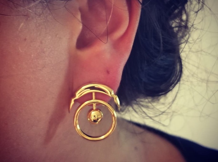 Scabbard Moon 3d printed 18k Gold Plated Brass, model wearing earrings