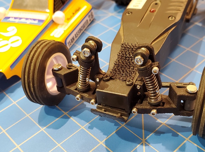 Front suspension kit w/ shocks for AE 1:28 cars 3d printed