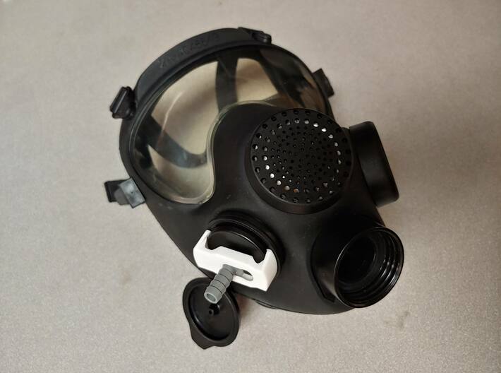 ARF-A Gas Mask Drinking Connector Straight Adapter 3d printed Shown attached to an ARF-A gas mask.